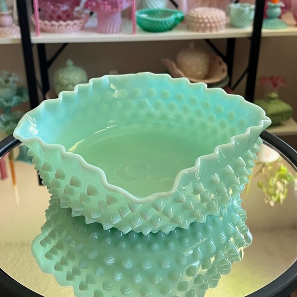 Fenton Other - Fenton pastel green blue hobnail milk glass ruffled berry bowl / rare!
